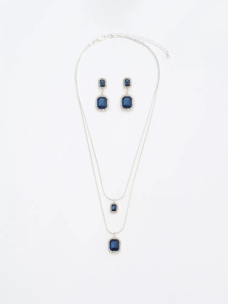 2-Layer Square Gem Earring & Necklace Set