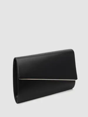 Asymmetrical Patent Faux-Leather Flapover Clutch With Metal Trim