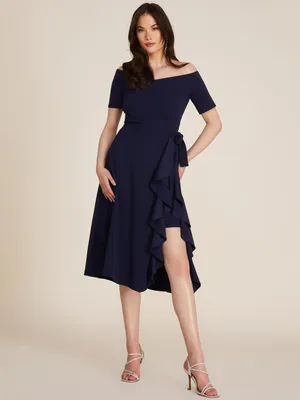 Off-The-Shoulder Wrap Fit & Flare Midi Dress, Darkness /