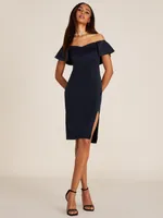 Off-The-Shoulder Midi Sheath Dress With Rhinestone Detail, Darkness /