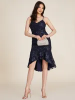 V-Neck Embroidered Mesh High-Low Trumpet Dress, Darkness /