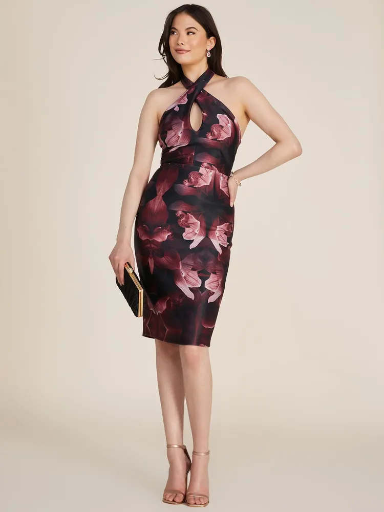 Printed Crossover Fitted Midi Dress, Wine /