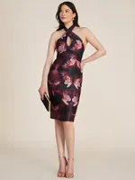 Printed Crossover Fitted Midi Dress, Wine /