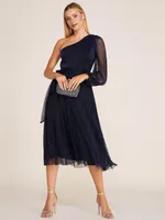 One-Shoulder Crinklle Lurex Fit & Flare Midi Dress, Darkness /