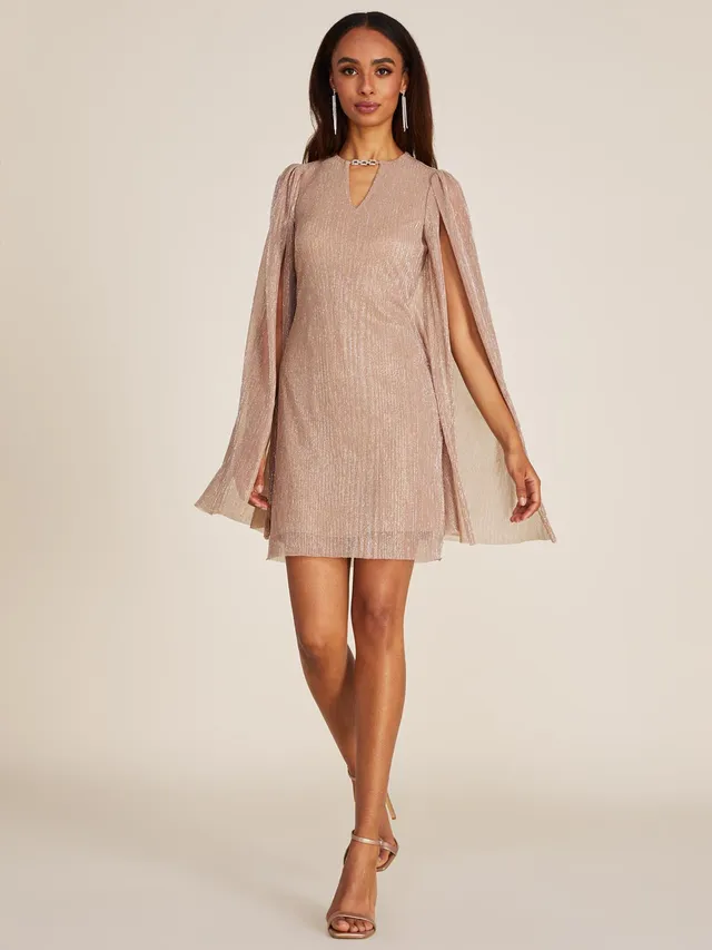 Suzy Shier Metallic Crinkle Knit Mini Dress With Back Cape, Makeup