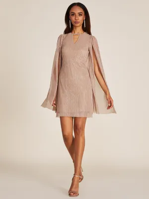 Metallic Crinkle Knit Mini Dress With Back Cape, Makeup /