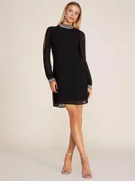 Jewelled Mock Neck Mini Chiffon Tunic Dress, /