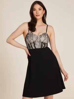 Lace Bustier Mini Fit & Flare Dress, Black /