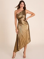 One-Shoulder Pleated Metallic Dress