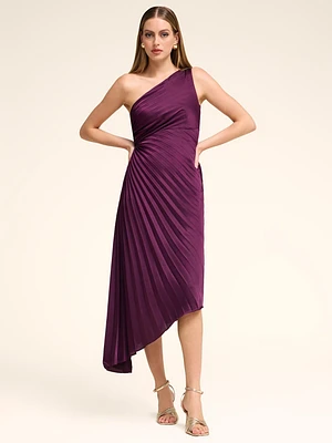 One-Shoulder Pleated Midi Dress