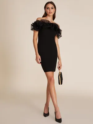 Organza Puff Off-The-Shoulder Fitted Mini Dress, Black /
