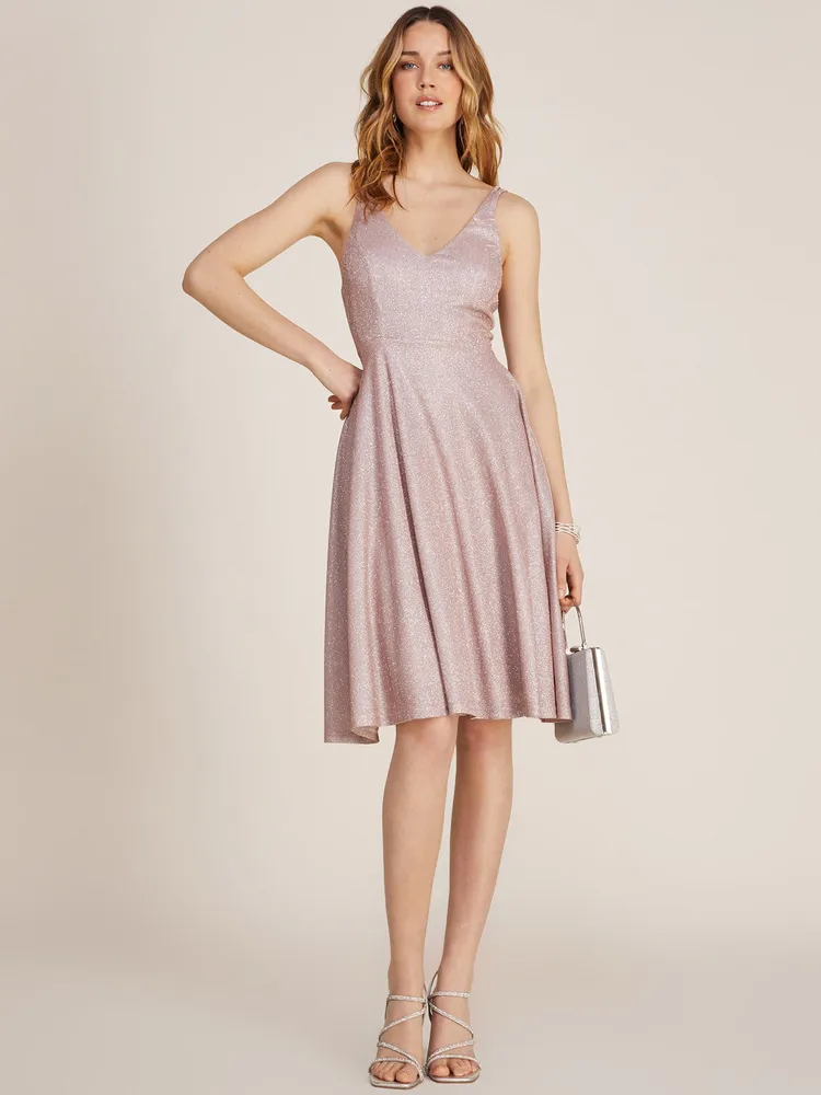 Suzy Shier Glitter Knit V-Neck Fit & Flare Knee Length Dress, Rose /