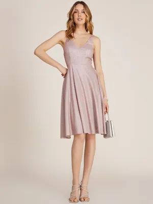 Glitter Knit V-Neck Fit & Flare Knee Length Dress, Rose /