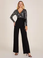 Sequin Long Sleeve Straight Leg Jumpsuit, Silver /