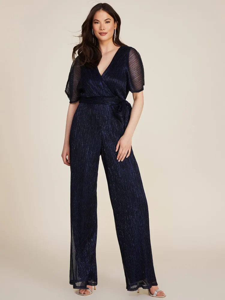 Short Flutter Sleeve Metallic Crinkle Knit Jumpsuit, /