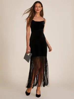 Cowl Neck Velvet Gown With Fringe Hemline, Black /