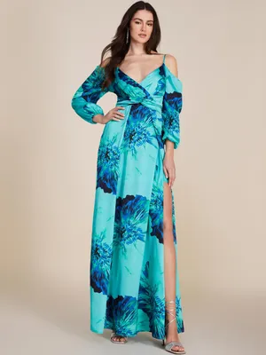 Printed Satin Cold-Shoulder Gown With Front Twist, Icy /