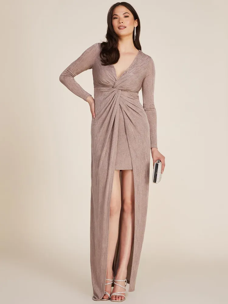 Suzy Shier Long Sleeve Waist Twist Knot Sparkle Gown, Fawn