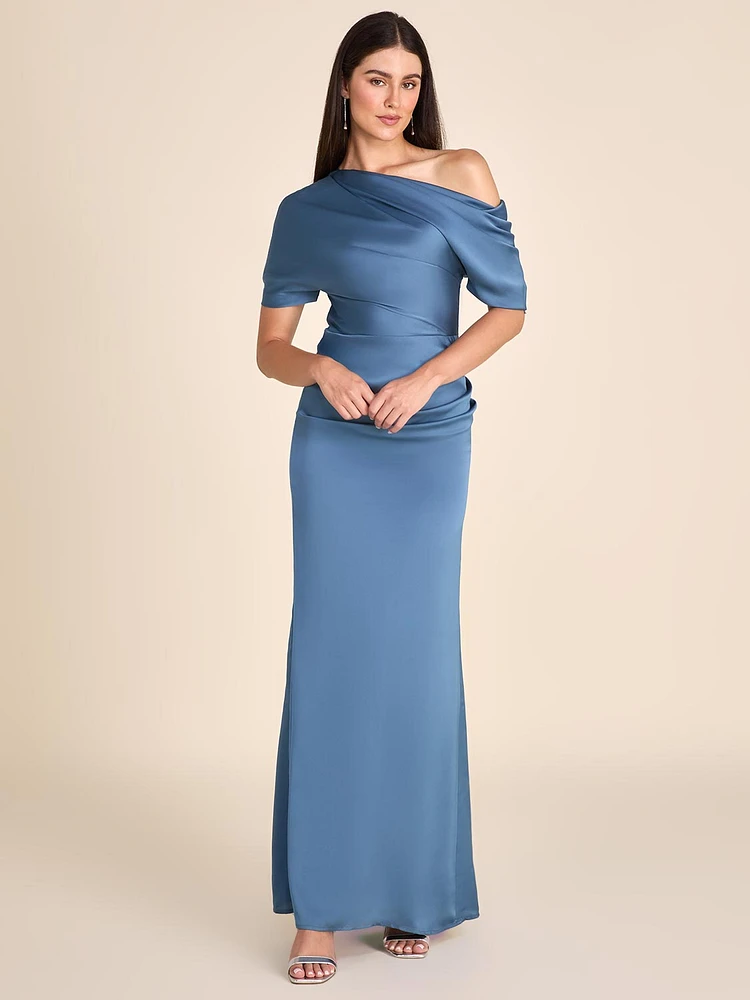 One-Shoulder Satin Gown With Pleated Detail