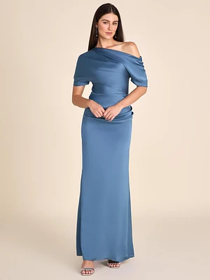 One-Shoulder Satin Gown With Pleated Detail