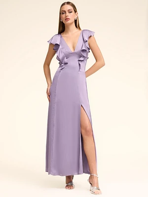 V-Neck Satin Dress With Ruffles