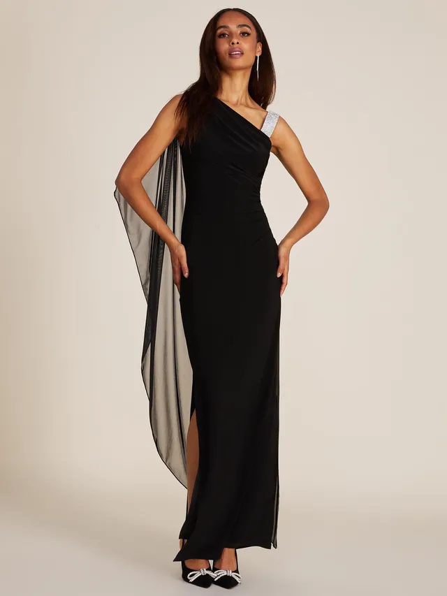 One-Shoulder Gown With Chiffon Cape, Black /
