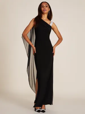 One-Shoulder Gown With Chiffon Cape, Black /