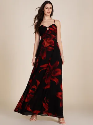 Printed Chiffon Gown With Front Cutout, Black /