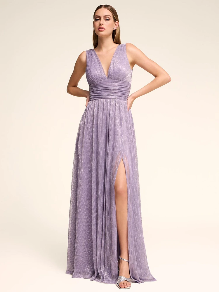 V-Neck Metallic Crinkle Knit Gown