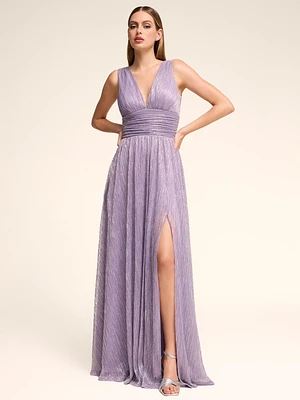 V-Neck Metallic Crinkle Knit Gown