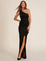 One-Shoulder Allover Glitter Velvet Gown, Gold /