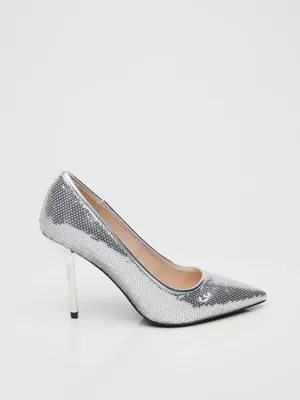 Pointed Toe Sequin High Heel Pump, Silver /