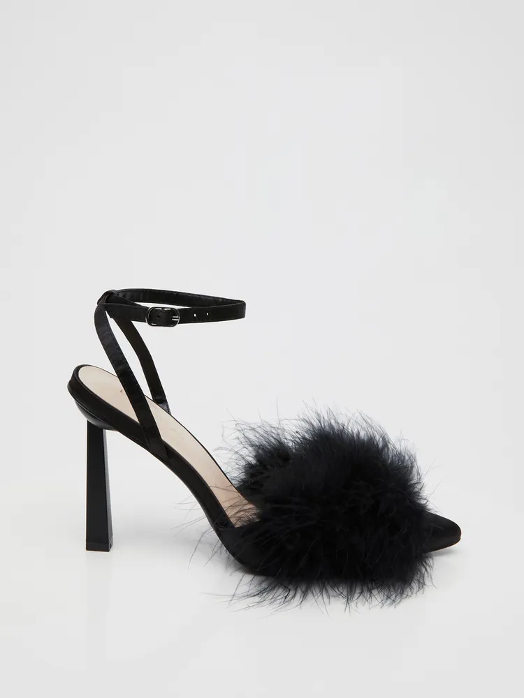 Satin Pointed-Toe Feather High Heel Sandal, Black /