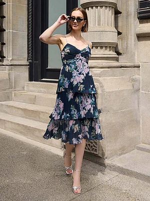 Tiered Floral Chiffon Midi Dress