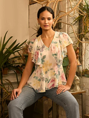 Floral Print Ruffle Sleeve Peplum Top