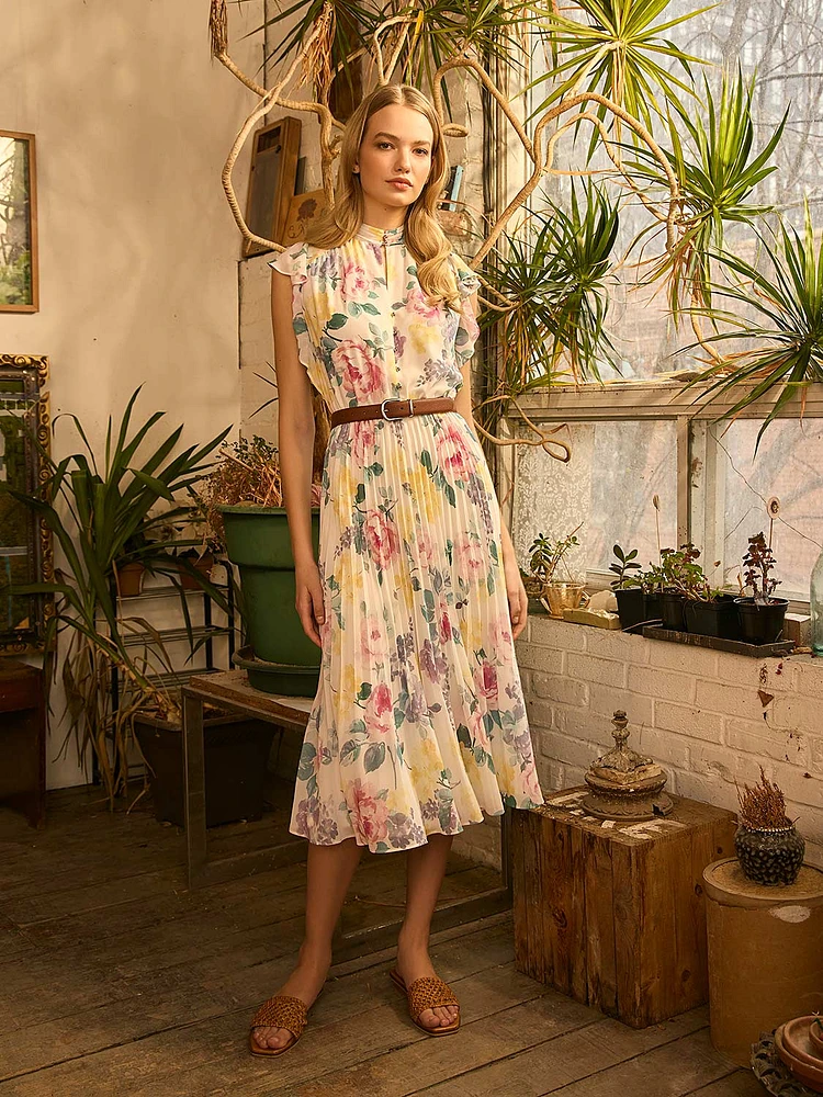 Printed Pleated Chiffon Dress With Ruffle Sleeves