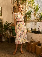 Printed Pleated Chiffon Dress With Ruffle Sleeves