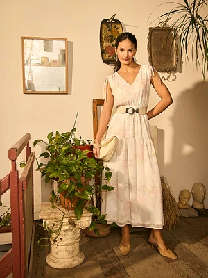 Floral Print Chiffon Tiered Midi Dress