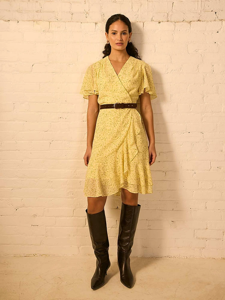 Floral Print Flutter Sleeve Wrap Dress