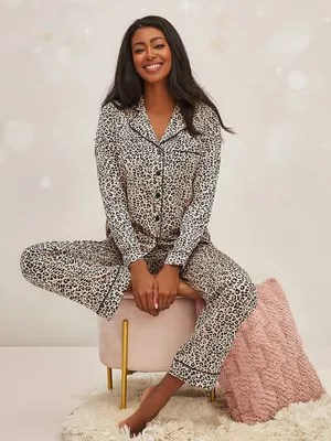 Animal Print Satin Button-Down Pajama Set, Fawn /