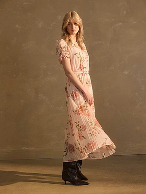 Printed V-Neck Pleated Midi Dress