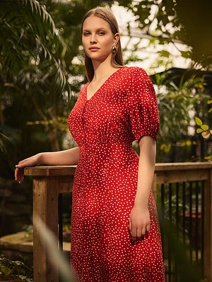 Dot Print Puff Sleeve Midi Dress