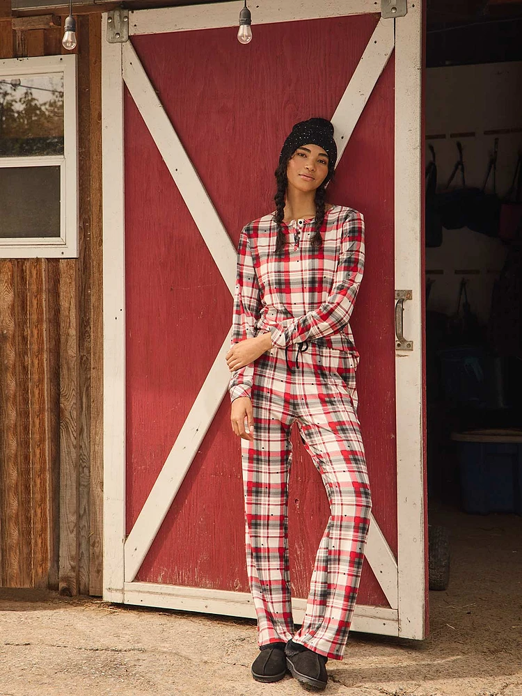 Plaid Print Henley Pajama Set