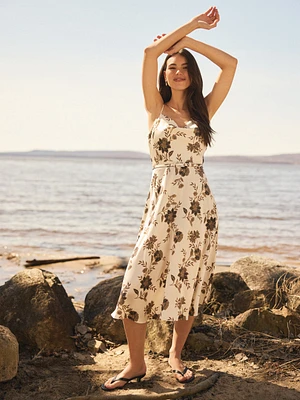Floral Satin Cowl Neck Midi Dress
