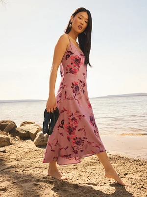 Robe mi-longue en satin à motif floral