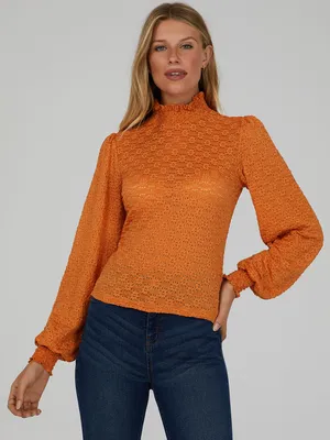 Lace Puff-Sleeve Mock Neck Top