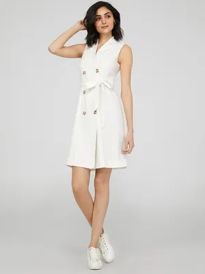 Linen Sleeveless Double-Breasted Blazer Dress, Pearl /