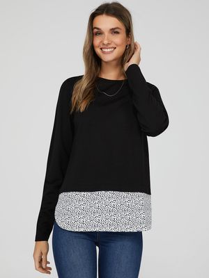 2-Fer Crew Neck Top With Shirt Detail, Black /