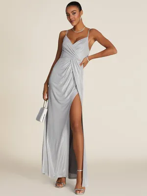 Ruched Wrap Gown With Crossover Neckline, Silver /