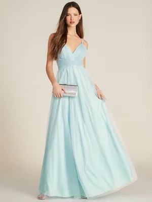 Plunging V-Neck Sparkle Mesh Gown, Icy /